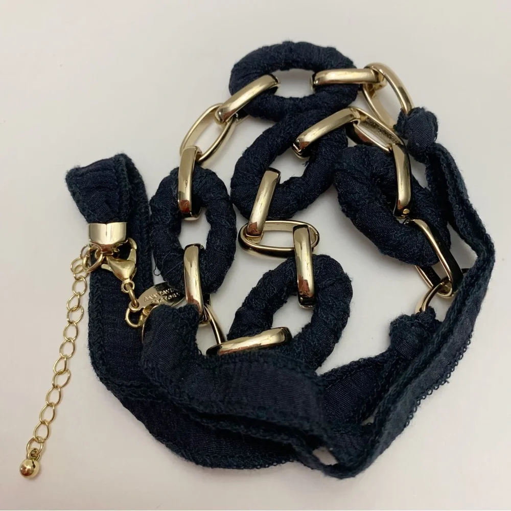 Ann Taylor navy blue gold cloth wrapped chunky chain nautical necklace coastal